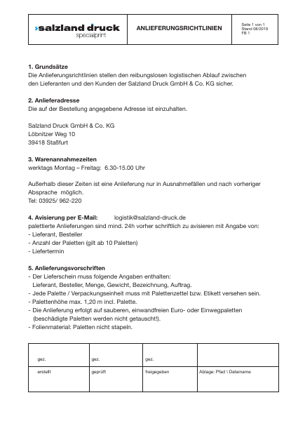 Anlieferungsrichtlinien – Vorschau